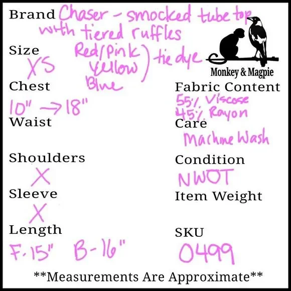 Chaser Smocked Tube Top With Tiered Ruffle Tie Dye Red Yellow Blue Rainbow XS - Picture 7 of 7